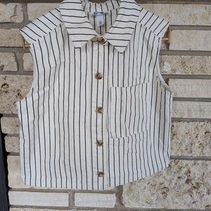 Sleeveless Button-Front Striped Shirt - Cream with Black Stripes
